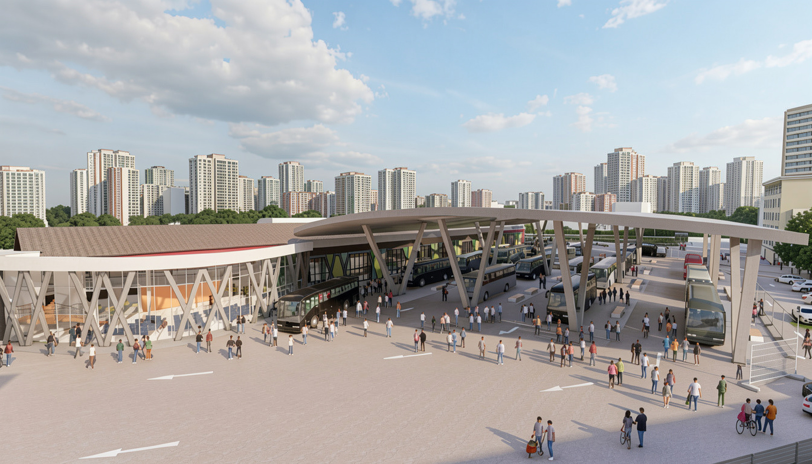 Luxury Bus Terminal exterior render showing full complex and bus forecourt