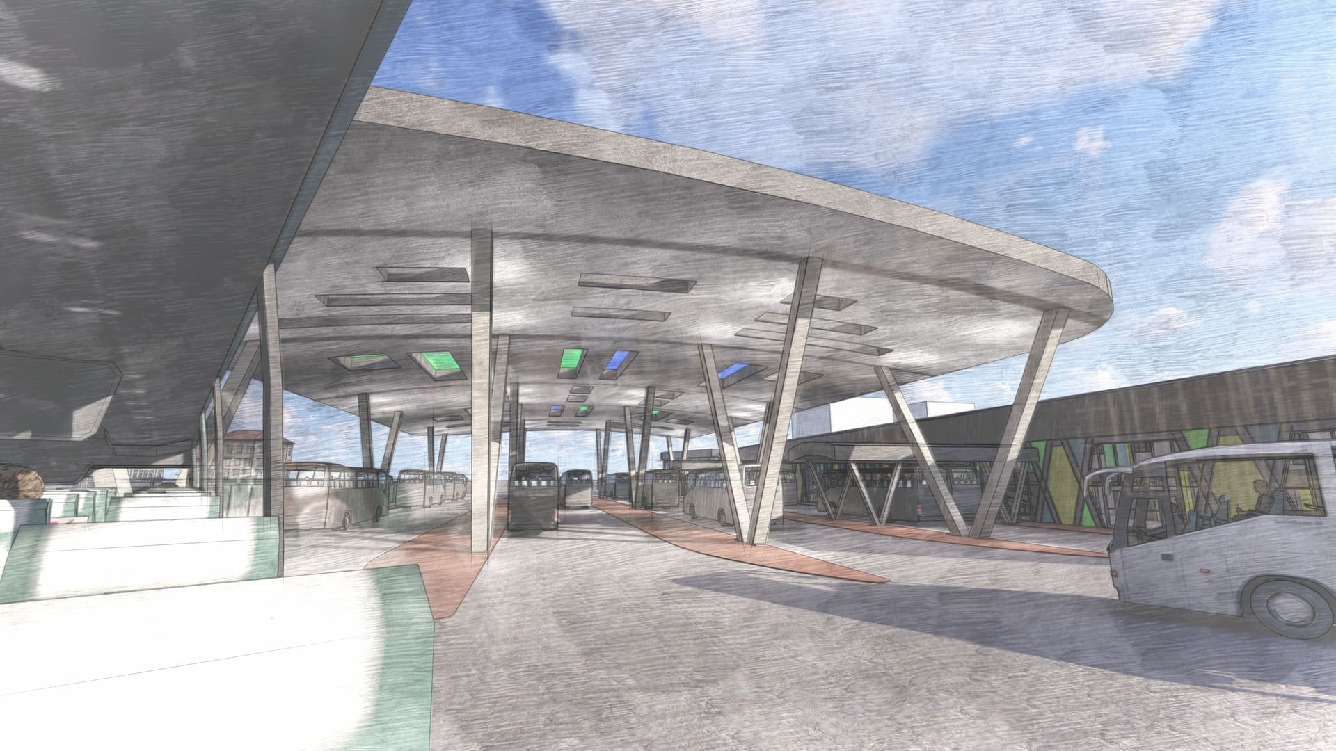 Luxury Bus Terminal platform sketch render