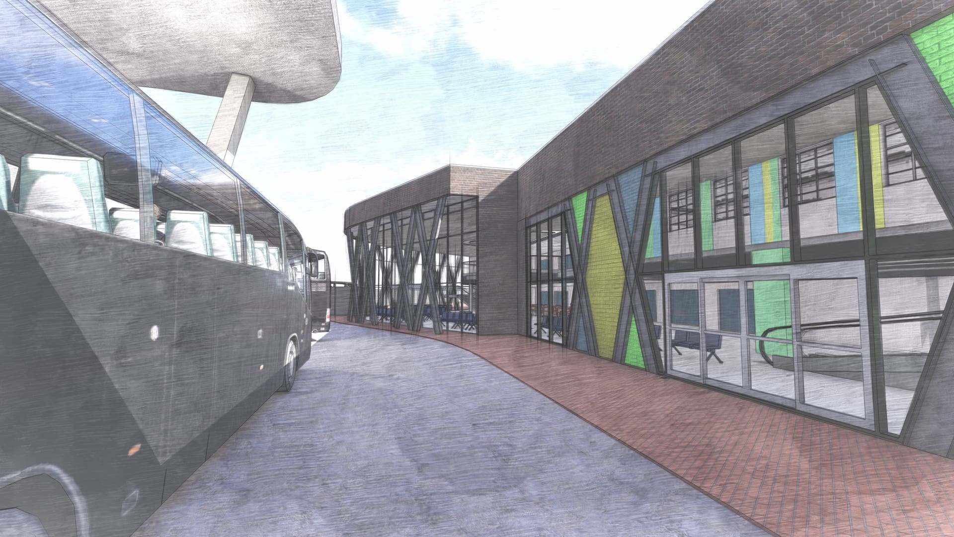 Hand-drawn sketch render of a covered walkway between transit buildings